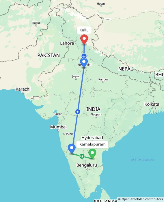 Route map showing distance and travel time from Kamalapuram, India to Kullu, India