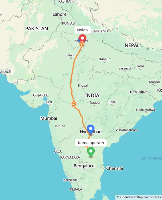 Route map showing distance and travel time from Kamalapuram, India to Noida, India