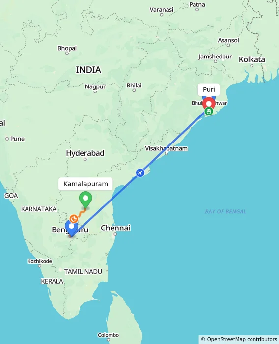 Route map showing distance and travel time from Kamalapuram, India to Puri, India
