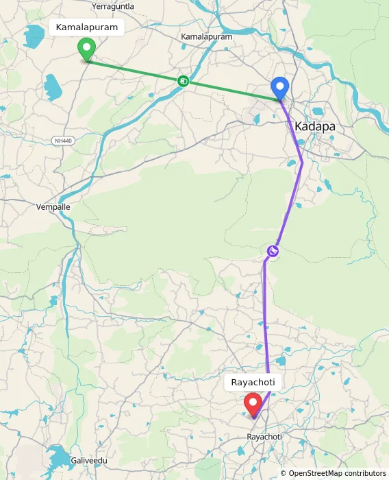Route map showing distance and travel time from Kamalapuram, India to Rayachoti, India