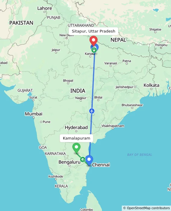 Route map showing distance and travel time from Kamalapuram, India to Sitapur, Uttar Pradesh, India