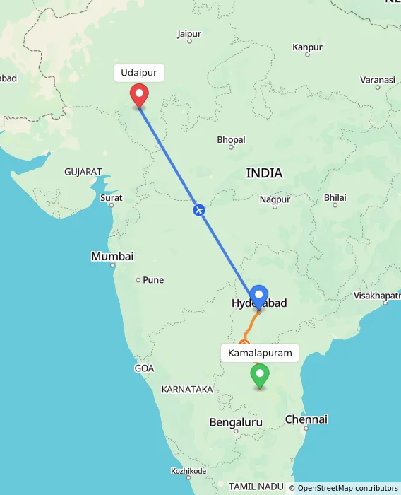 Route map showing distance and travel time from Kamalapuram, India to Udaipur, India