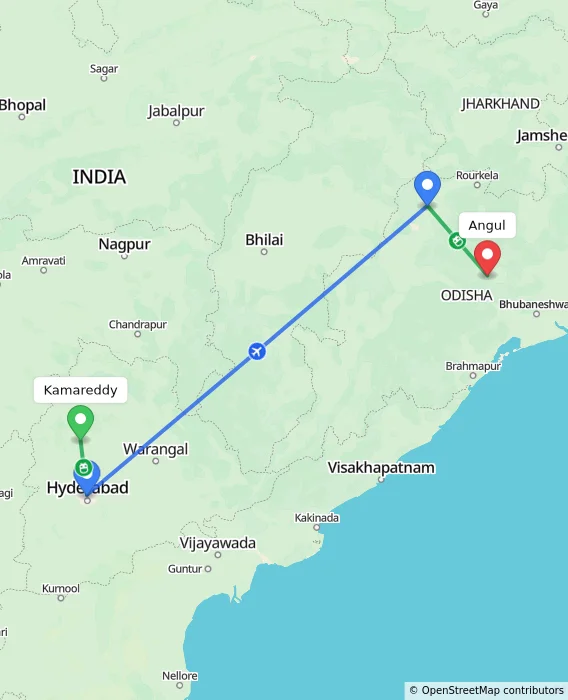 Route map showing distance and travel time from Kamareddy, India to Angul, India