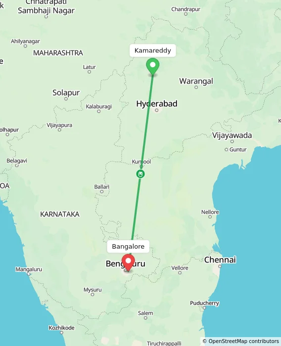 Route map showing distance and travel time from Kamareddy, India to Bangalore, India