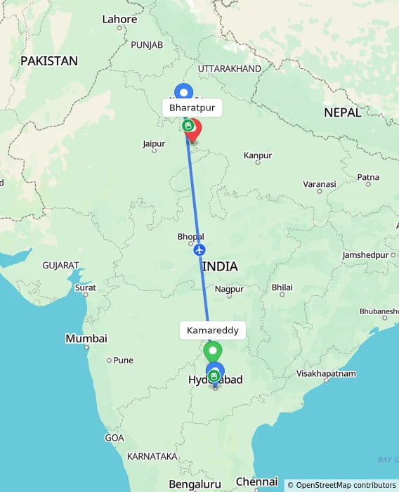 Route map showing distance and travel time from Kamareddy, India to Bharatpur, India