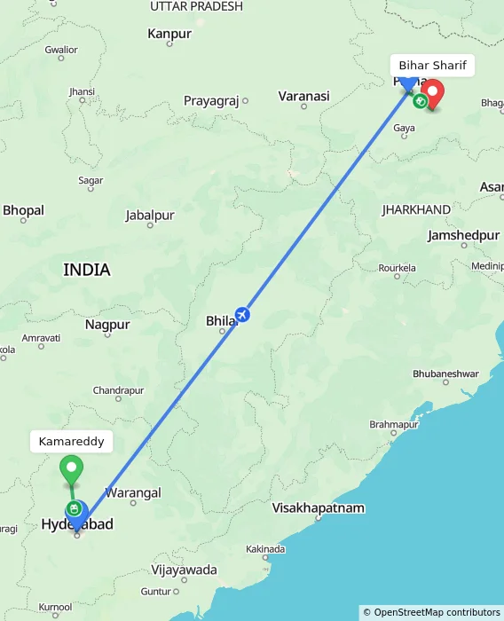 Route map showing distance and travel time from Kamareddy, India to Bihar Sharif, India