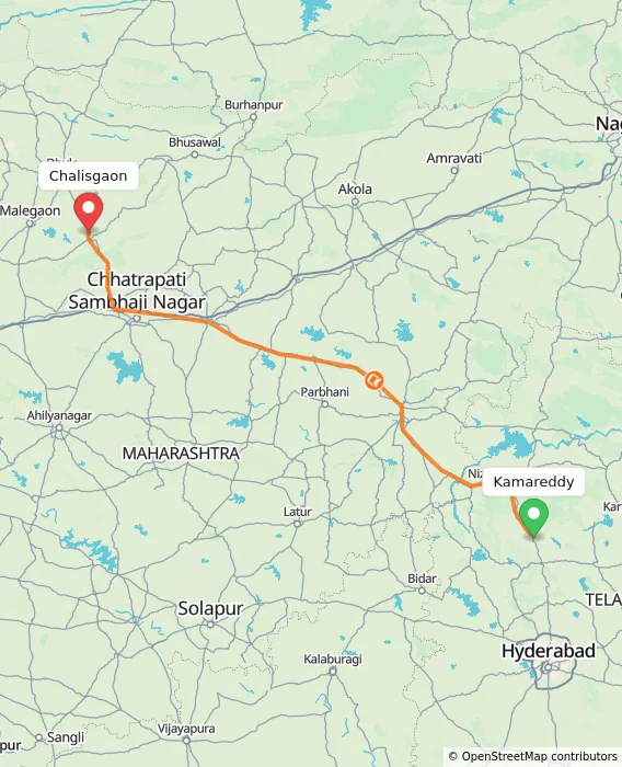 Route map showing distance and travel time from Kamareddy, India to Chalisgaon, India