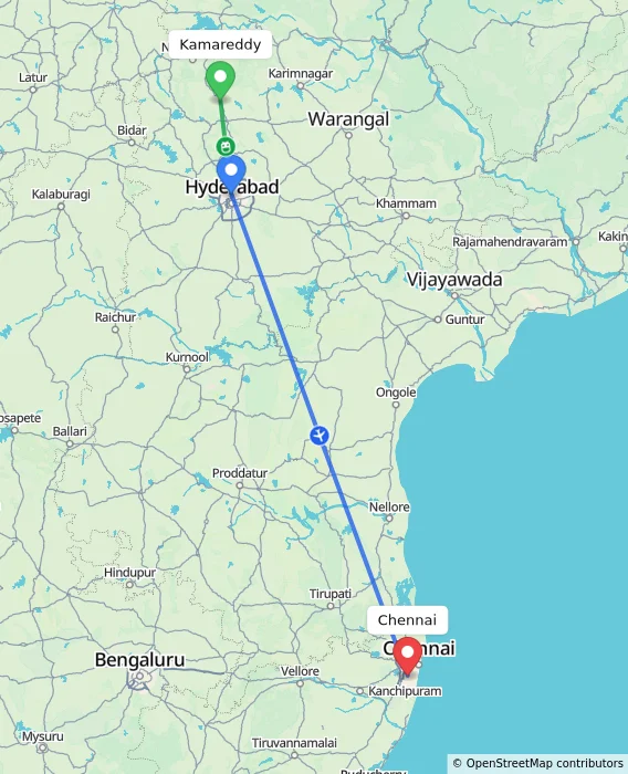 Route map showing distance and travel time from Kamareddy, India to Chennai, India