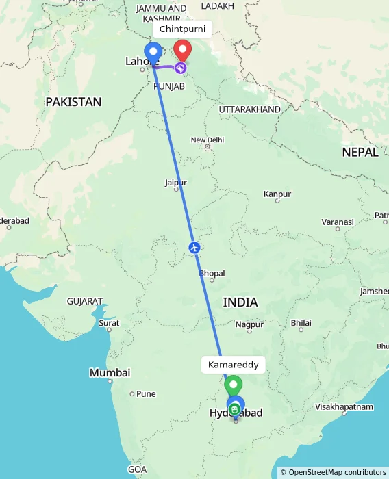 Route map showing distance and travel time from Kamareddy, India to Chintpurni, India