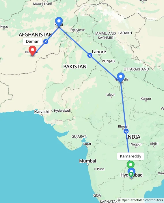 Route map showing distance and travel time from Kamareddy, India to Daman, Afghanistan