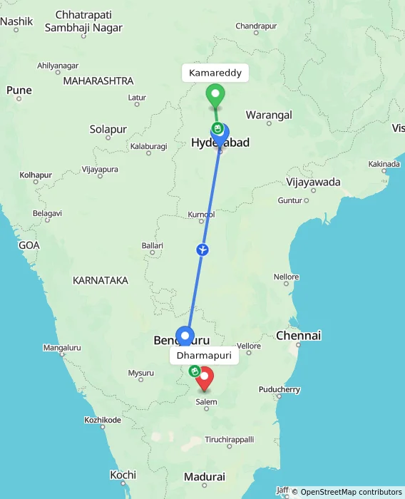 Route map showing distance and travel time from Kamareddy, India to Dharmapuri, India