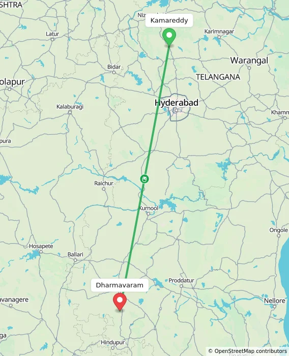 Route map showing distance and travel time from Kamareddy, India to Dharmavaram, India