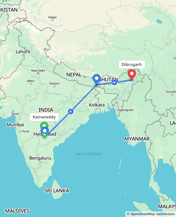 Route map showing distance and travel time from Kamareddy, India to Dibrugarh, India