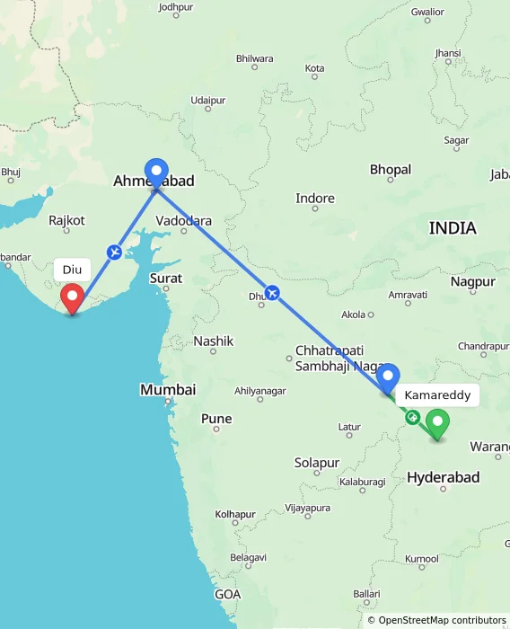 Route map showing distance and travel time from Kamareddy, India to Diu, India