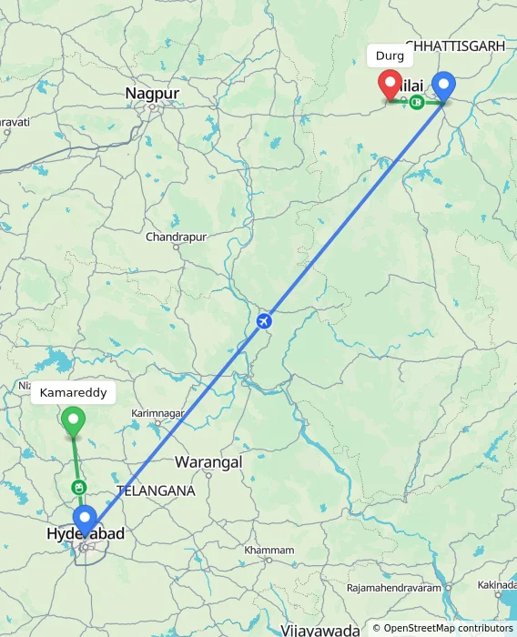 Route map showing distance and travel time from Kamareddy, India to Durg, India