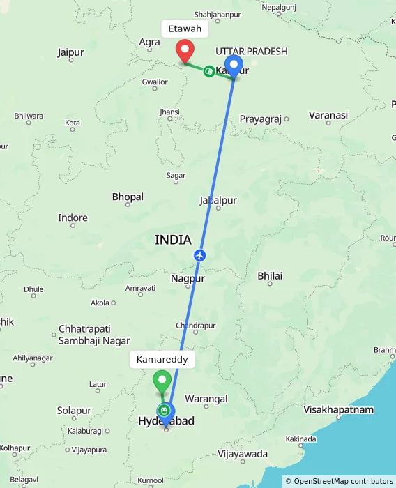 Route map showing distance and travel time from Kamareddy, India to Etawah, India
