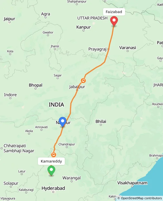 Route map showing distance and travel time from Kamareddy, India to Faizabad, India