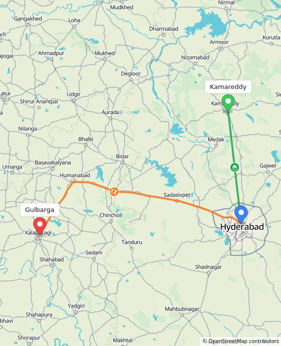 Route map showing distance and travel time from Kamareddy, India to Gulbarga, India