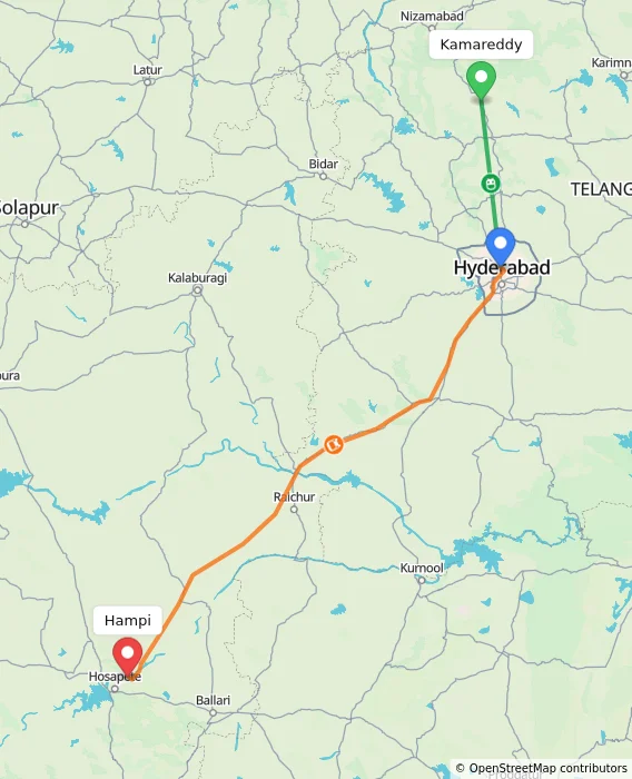 Route map showing distance and travel time from Kamareddy, India to Hampi, India