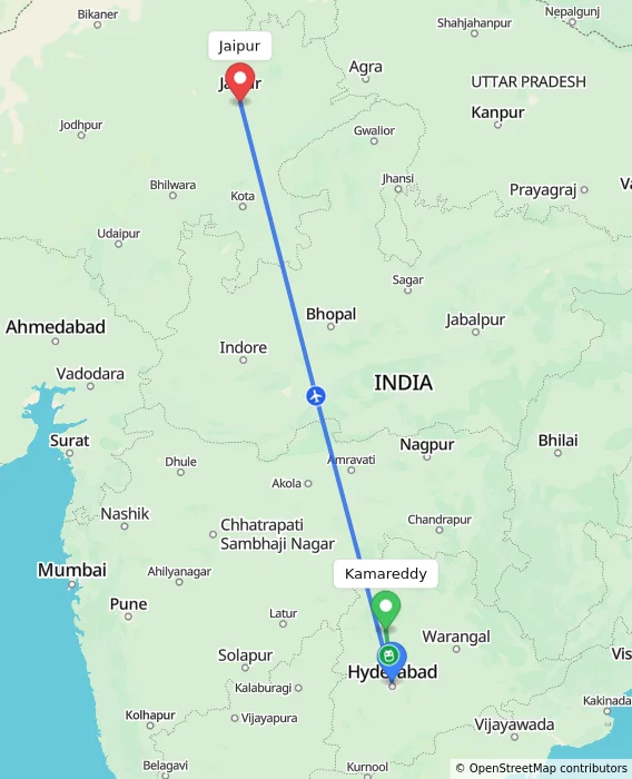 Route map showing distance and travel time from Kamareddy, India to Jaipur, India