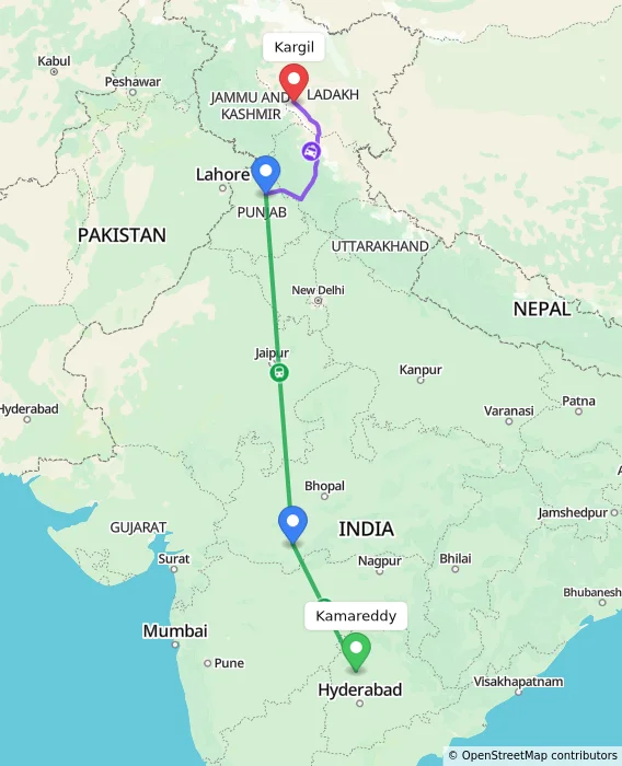 Route map showing distance and travel time from Kamareddy, India to Kargil, India