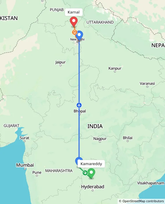 Route map showing distance and travel time from Kamareddy, India to Karnal, India