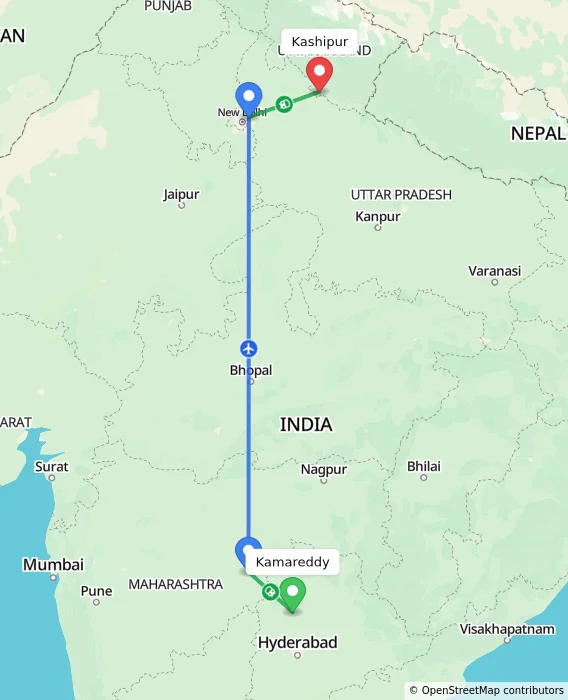 Route map showing distance and travel time from Kamareddy, India to Kashipur, India