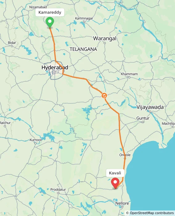 Route map showing distance and travel time from Kamareddy, India to Kavali, India