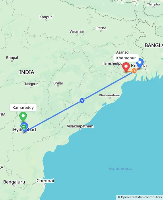 Route map showing distance and travel time from Kamareddy, India to Kharagpur, India