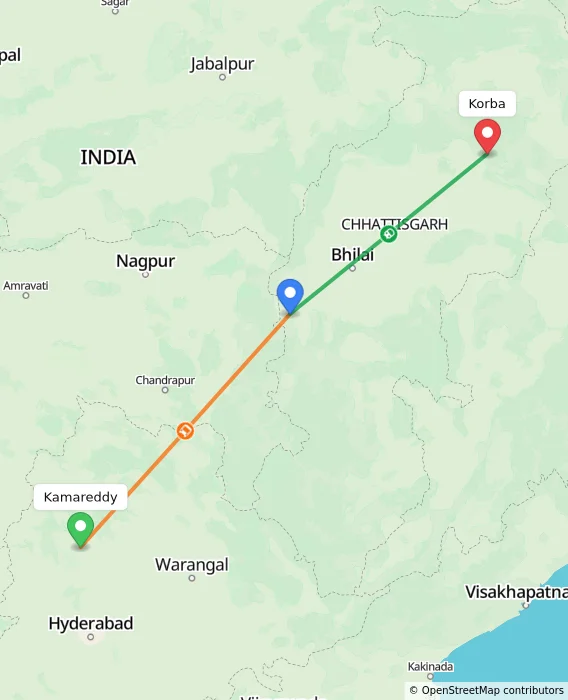 Route map showing distance and travel time from Kamareddy, India to Korba, India