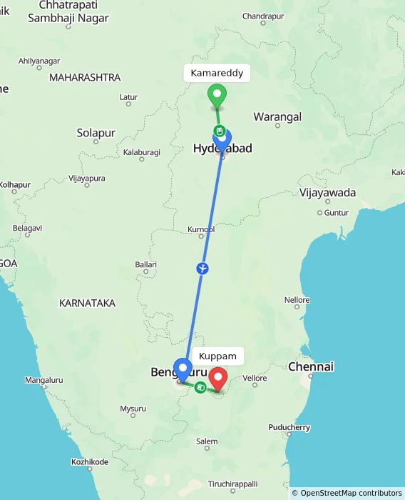 Route map showing distance and travel time from Kamareddy, India to Kuppam, India