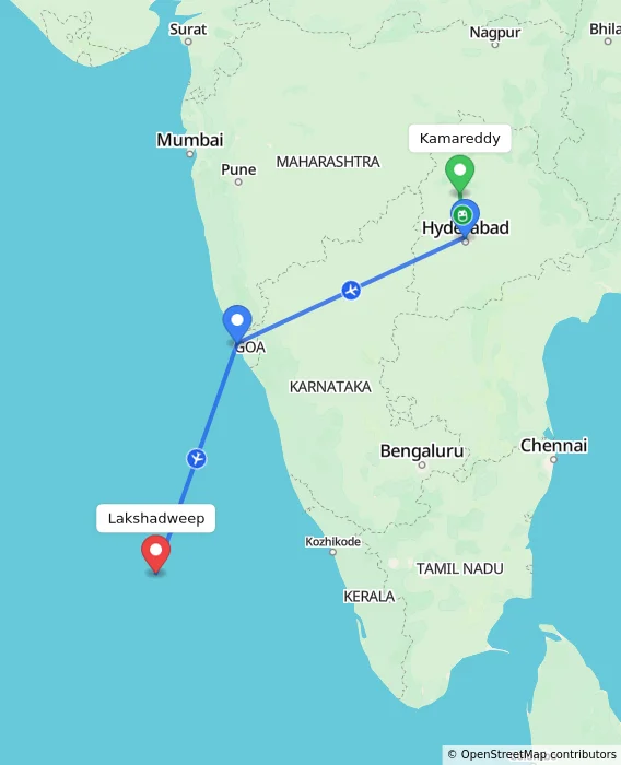 Route map showing distance and travel time from Kamareddy, India to Lakshadweep, India