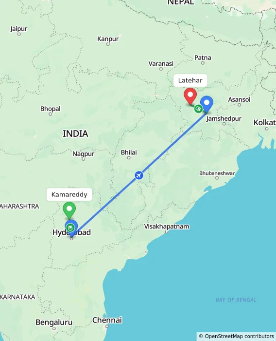 Route map showing distance and travel time from Kamareddy, India to Latehar, India