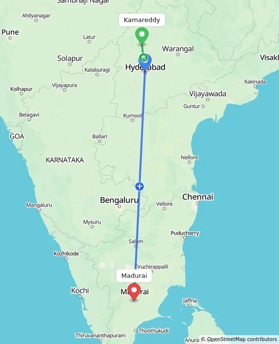 Route map showing distance and travel time from Kamareddy, India to Madurai, India