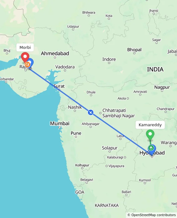 Route map showing distance and travel time from Kamareddy, India to Morbi, India