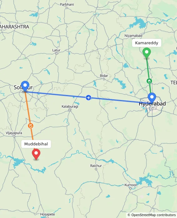 Route map showing distance and travel time from Kamareddy, India to Muddebihal, India