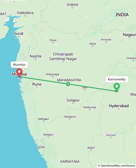Route map showing distance and travel time from Kamareddy, India to Mumbai, India