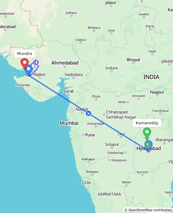 Route map showing distance and travel time from Kamareddy, India to Mundra, India