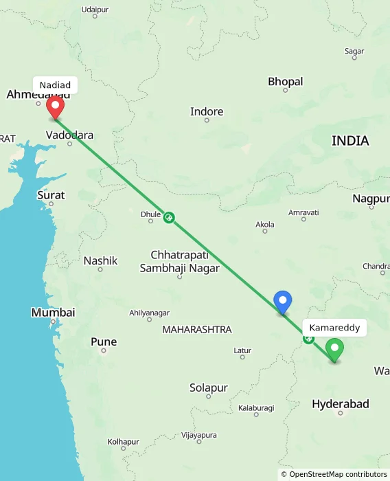 Route map showing distance and travel time from Kamareddy, India to Nadiad, India