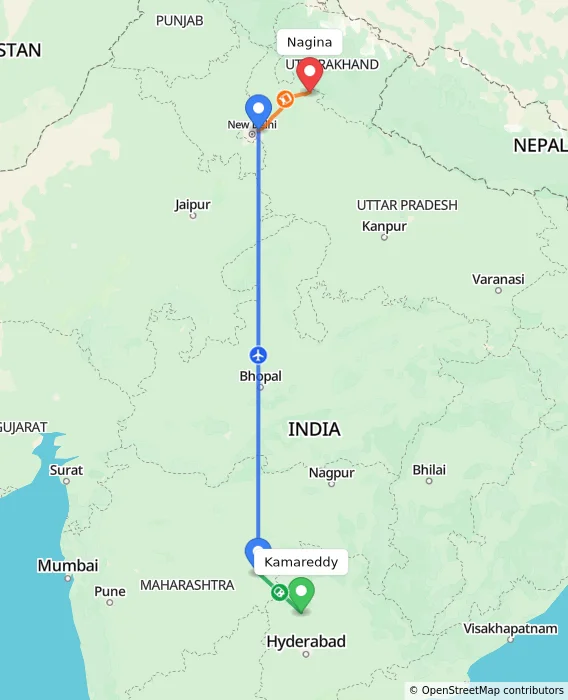 Route map showing distance and travel time from Kamareddy, India to Nagina, India