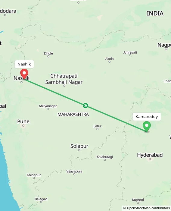 Route map showing distance and travel time from Kamareddy, India to Nashik, India