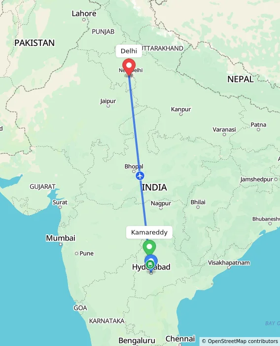 Route map showing distance and travel time from Kamareddy, India to Delhi, India
