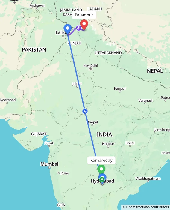 Route map showing distance and travel time from Kamareddy, India to Palampur, India