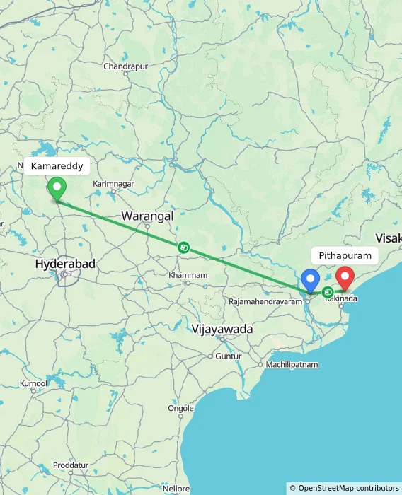Route map showing distance and travel time from Kamareddy, India to Pithapuram, India