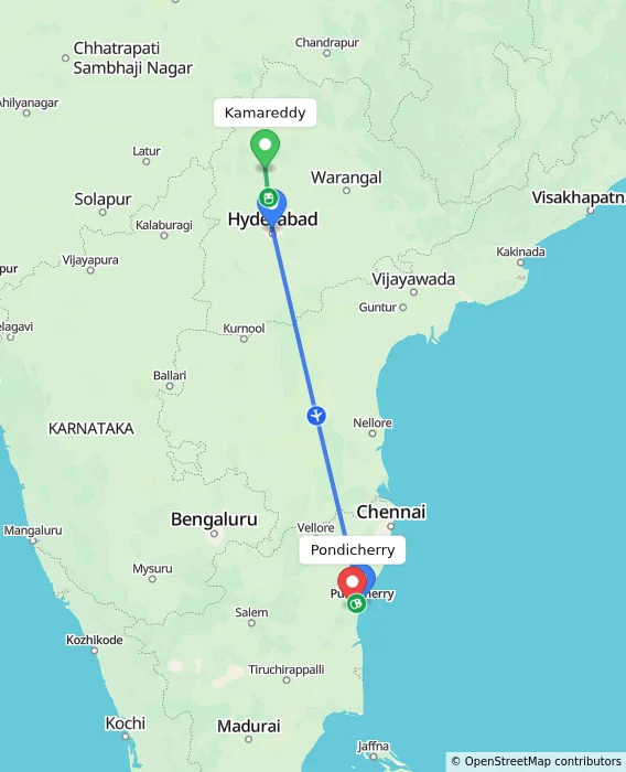 Route map showing distance and travel time from Kamareddy, India to Puducherry, India