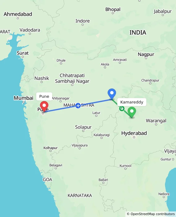 Route map showing distance and travel time from Kamareddy, India to Pune, India