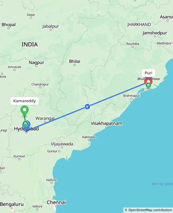 Route map showing distance and travel time from Kamareddy, India to Puri, India