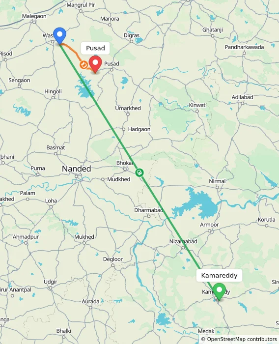 Route map showing distance and travel time from Kamareddy, India to Pusad, India