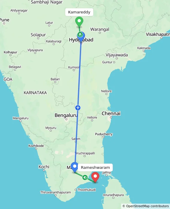 Route map showing distance and travel time from Kamareddy, India to Rameshwaram, India