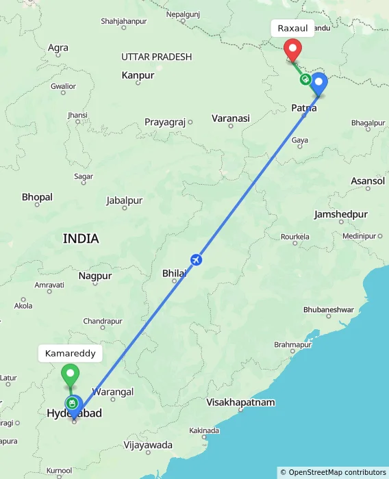 Route map showing distance and travel time from Kamareddy, India to Raxaul, India